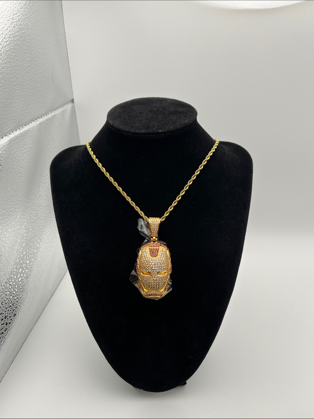24”, Gold Iron Mask Pendant Necklace - Men's Gold Tone Statement Jewelry